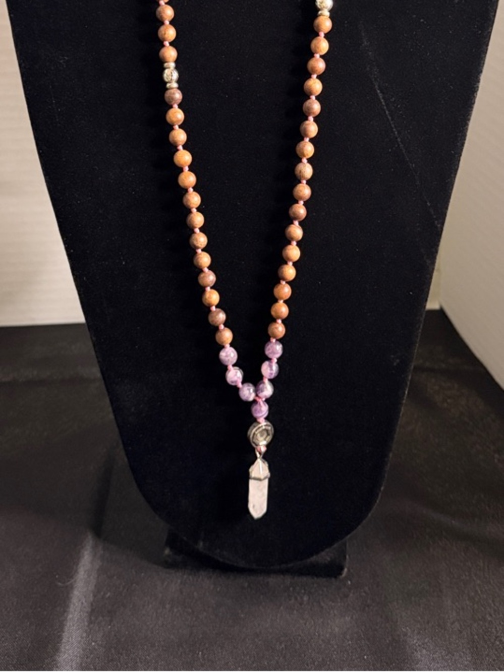 MODERN OM Necklace- Mala Beads w/ Wooden & Amethyst with Clear Quartz No.7 Stamp